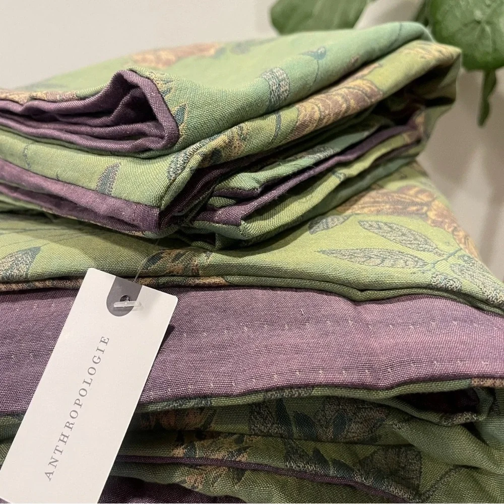 NEW Anthro Green Purple Floral Linen Boho Queen / King Bedding Duvet & Sham Set